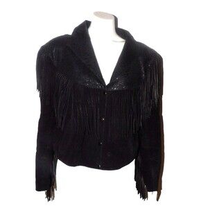 Maya Genuine Leather Vintage Black XL Jacket Coat Fringe Moto Snake Print Short